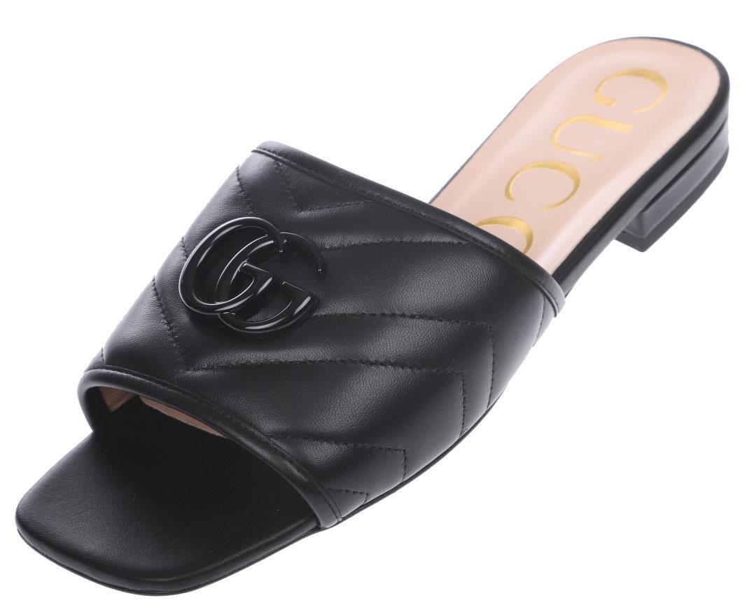 NEW GUCCI DOUBLE G BLACK CHEVRON MATELASSE LEATHER SLIDE SANDALS