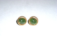 Vintage 14K Yellow Gold Button Style Earrings with Rich Spinach Colored Jade 