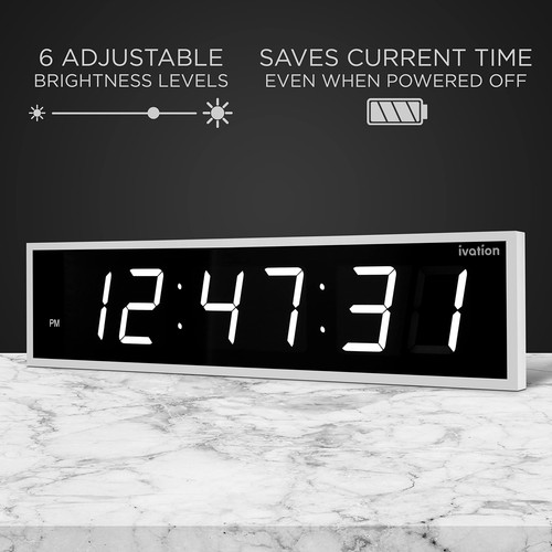 Ivation 24" Large Digital Clock, 6-Level Brightness, LED Wall Clock, White - Picture 3 of 6