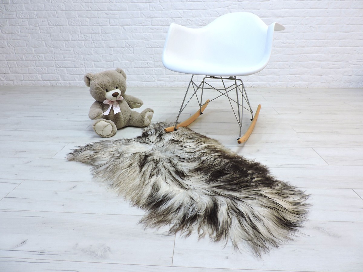REAL ICELANDIC LARGE SHEEPSKIN RUG GREY BLACK LONG HAIR FLUFFY