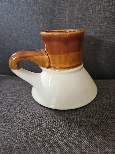 Vintage Cream Brown Pottery Stoneware Wide Bottom Non-Slip Coffee Mug / Tea Cup