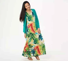 Attitudes by Renee Regular Printed Maxi Dress/Cardigan - Teal/Watercolor - Small