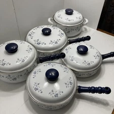 Crowning Touch Blue Garland 10 Piece Porcelain Enamel Cookware Some Slight Chips
