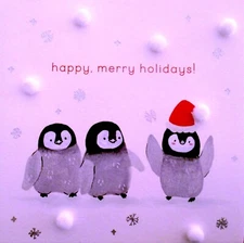 Papyrus 3D Cotton Pom Pom Snowflakes Penguins Christmas Holiday Greeting Card