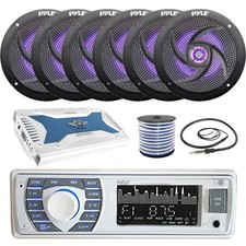 Pyle Single DIN Marine Receiver, 6x 6.5'' Blue LED Speakers, Wire, Amp, Antenna