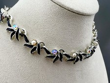 Vintage Collar Necklace Leaf Link AB Rhinestone Faux Pearl Black Enamel 16”