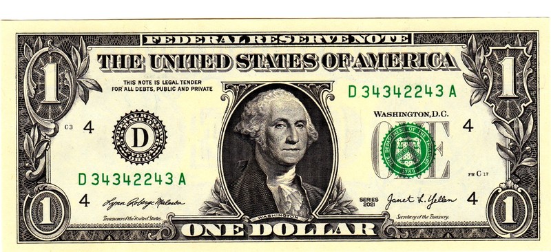 $1 2021 Fancy Serial  Uncirulated CU D34342243A