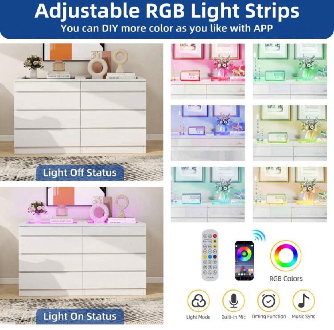 White 8 Drawers LED Chest of Dresser Bedroom High Gloss Storage Vanity Cabinet