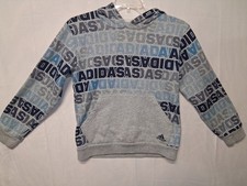 Adidas Boys Hoodie Large 14/16 Gray Blue All Over Print Logo Pullover Sweatshirt
