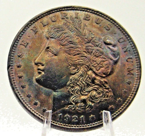 1921-P Morgan Silver Dollar PQ Rainbow Monster Toner GEM BU Natural Beauty