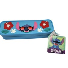 Disney Stitch Pencil Case Box With Zipper Closure  Flower Design Blue