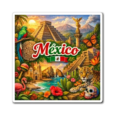 Mexico Magnet | Chichen Itza, jaguar, marigolds, sugar skull, travel souvenir