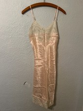 Vintage 1930s Lady Duff Womens 32 S Pink Satin Slip Dress Bias Cut Lace
