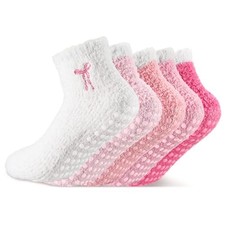 5 Pairs Pink Bow Socks with Grips Fuzzy Cozy Slipper Socks Hospital Stocking