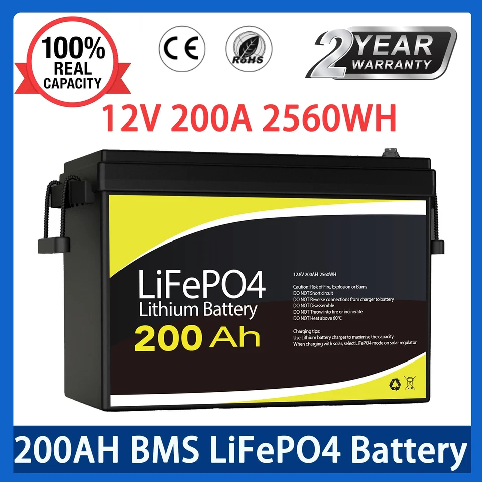 200Ah LiFePO4 Battery LithiumBMS Solar Boat RV Camping Power Backup Emergency