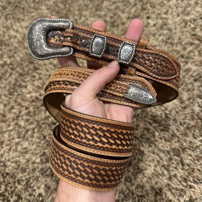 VTG Justin Boot’s Western Belt Size 40 Basket Weave Tooled Leather Silver Concho - Image 1 of 4