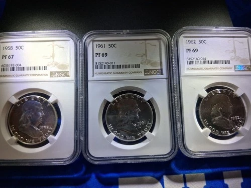 1958 PF67, 1962-62 PF69 Franklin Half Dollars NGC Lot Of 3 Coins
