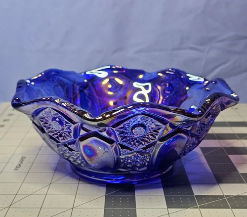 Vintage L.E. Smith Quintec Cobalt Blue Iridescent Carnival Glass Bowl 8.5" Lot B