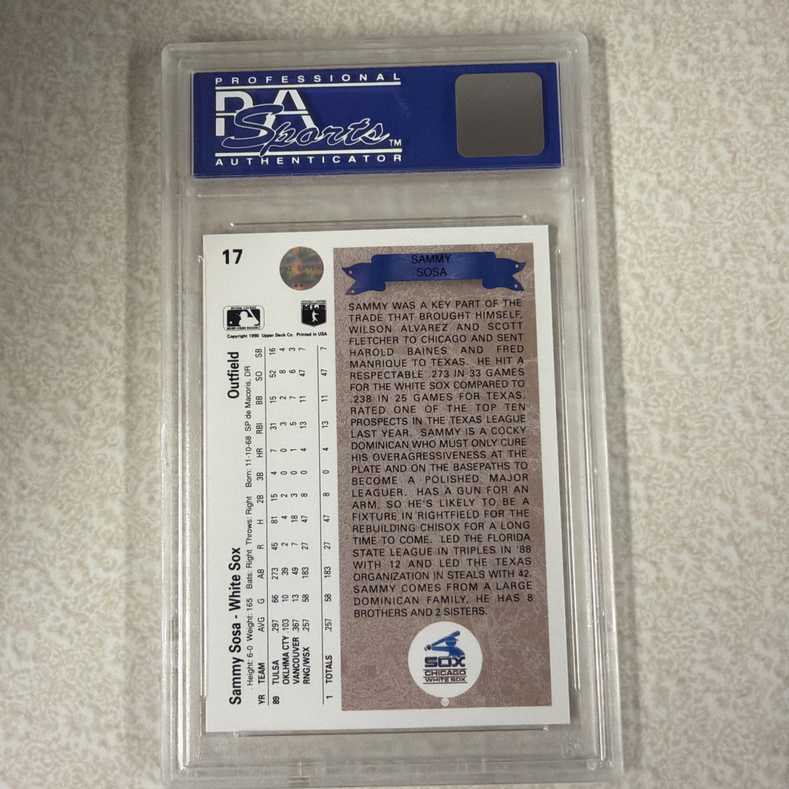 1990 UPPER DECK STAR ROOKIE #17 SAMMY SOSA RC WHITE SOX PSA 10 view 2