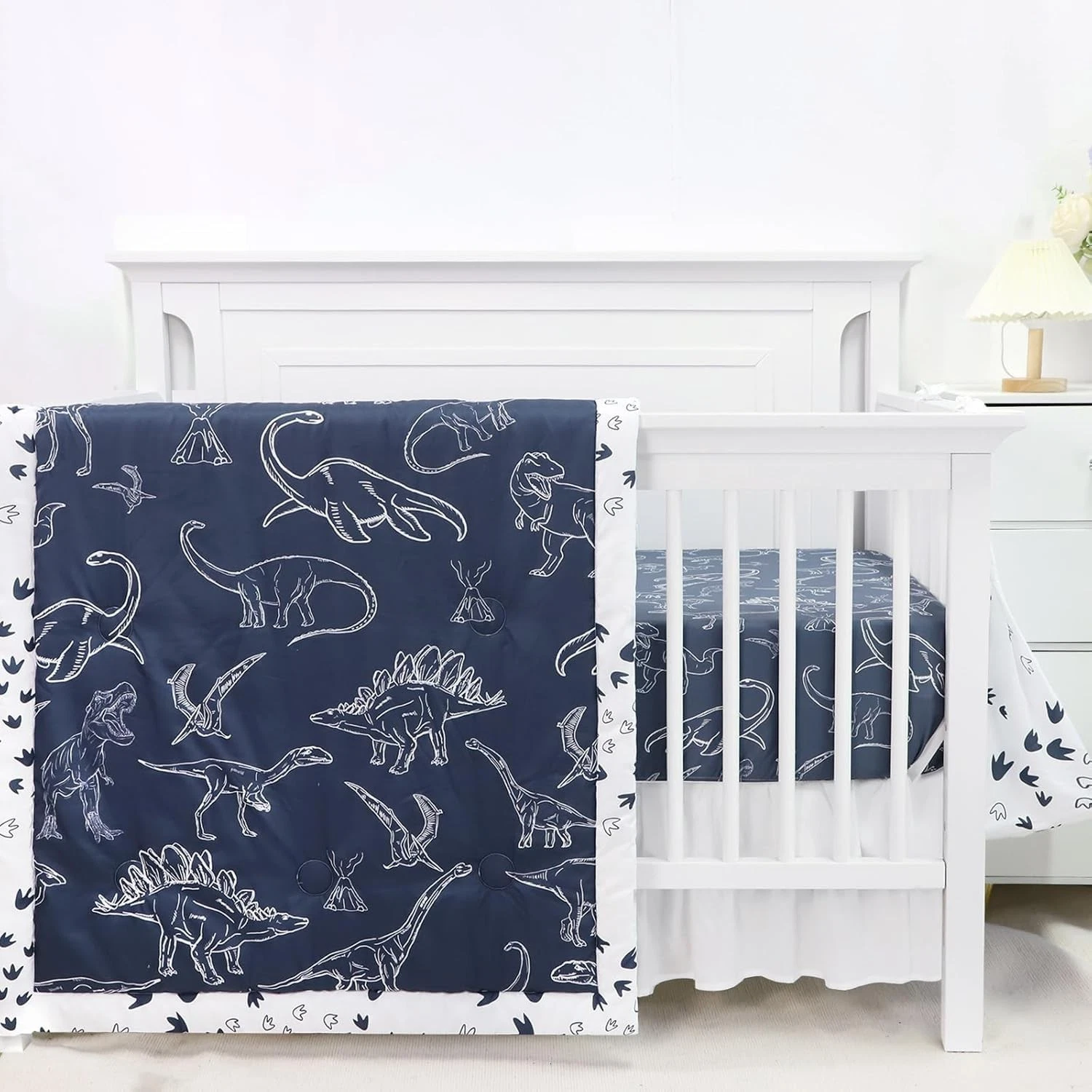 Dinosaur Crib Bedding Set for Boys, 4 Pieces Blue Baby Nursery Bedding Set fo...