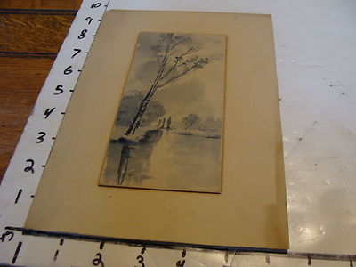 original early artwork: WATERCOLOR by W. Forster: river with tree, in blue