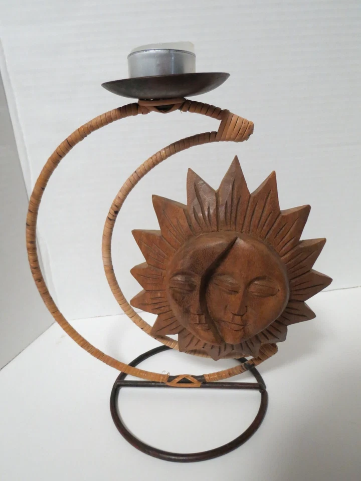 Portavelas de metal de madera Sun Moon Tea Light 10"T W/New Tea Light Candle Foto 2 de 4