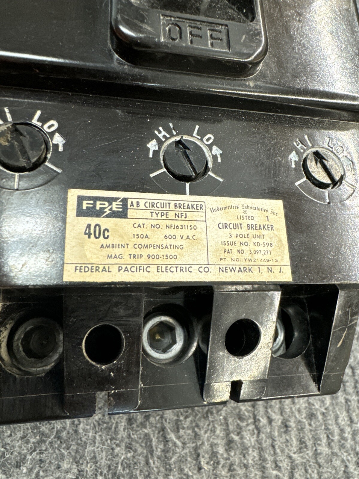 FPE Federal Pacific Electric 150 Amp 3 Pole Phase NFJ 631150 Circuit ...
