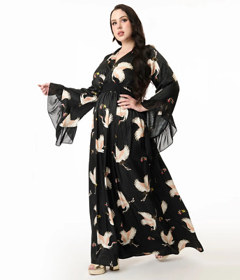 Unique Vintage 1970s Black Crane Print Maxi Dress Plus Size 1X
