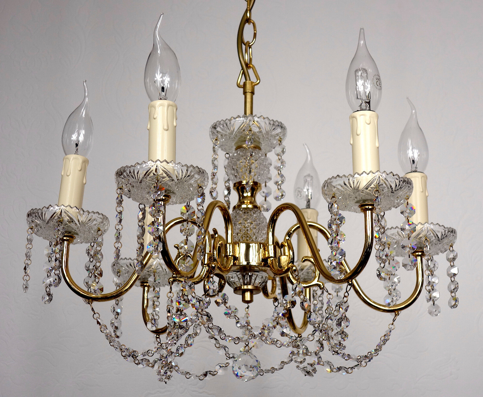 Wunderschöne Preico Messing Bleikristall  Kronleuchter, Lüster 6 Flammig