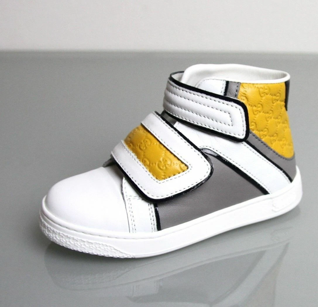 Baskets haut de gamme Gucci enfants cuir blanc Coda Pop avec garniture jaune 301354 9089
