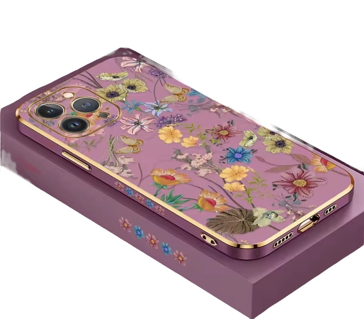 Luxury Wildflower Floral Gold Pink Rose Case for iPhone 7 8 XR 11 12 14 15 Plus Pro