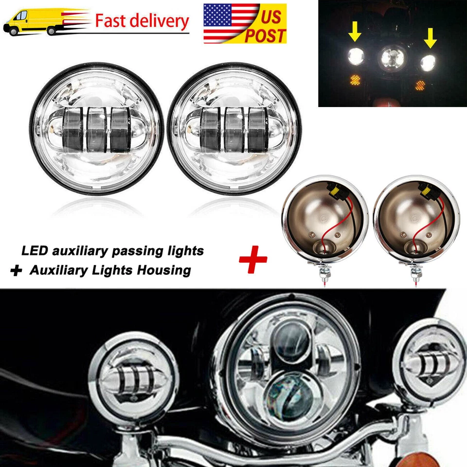 2pcs 4.5'' LED Fog Light with Outer Cover Housing Bracket Trim For Harley US Foto 2 de 4