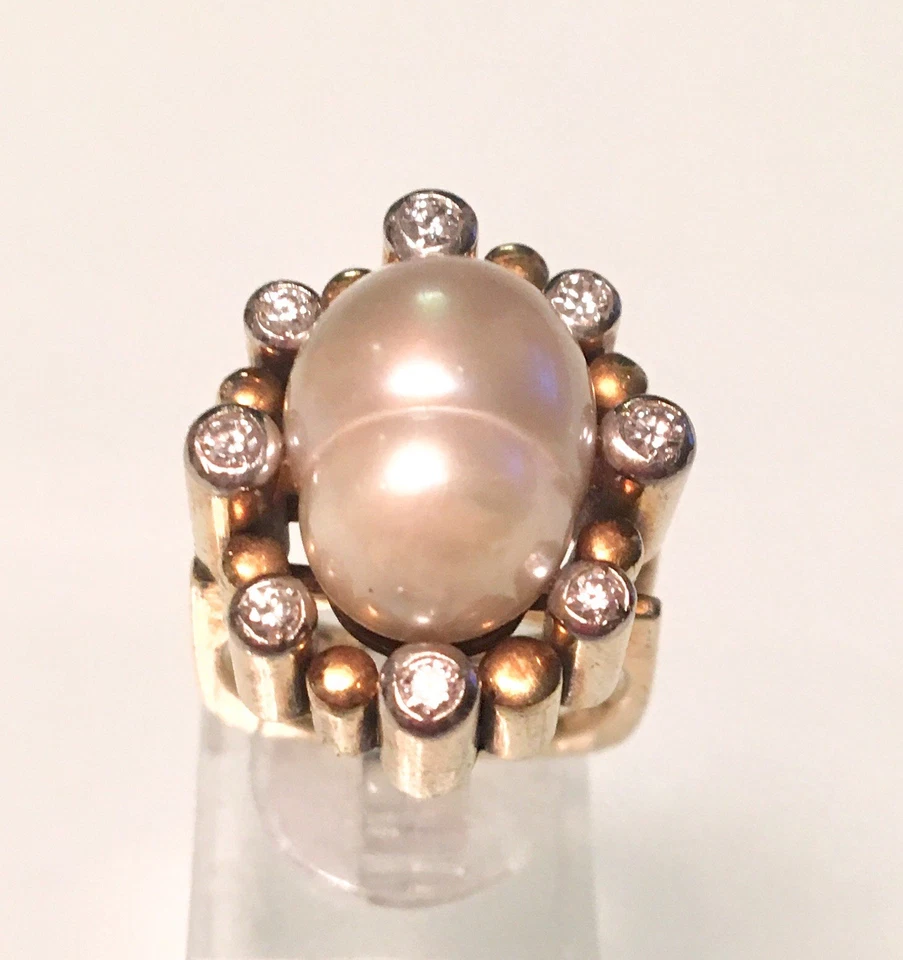 LARRY* ORO 14KT~16 GRS~DIAMANTE~15MM X12MM BARROCO PERLA MAR DEL SUR~TALLA 7 Foto 2 de 4