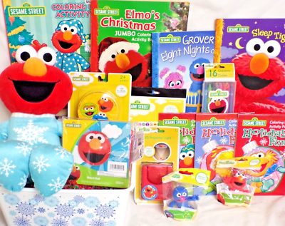 NEW ELMO CHRISTMAS GIFT BASKET COLORING BOOK TOYS 18' PLUSH winter DOLL  PLAY SET