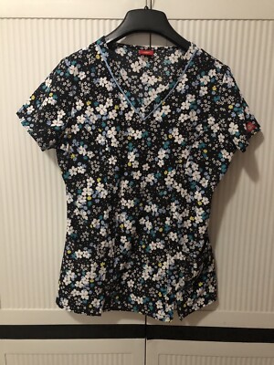 Dickies  Multi-Colored Floral Print Black V-Neck Scrub Top Size XS/S (?) Silky