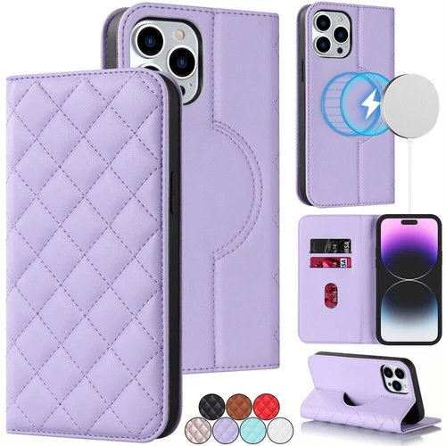 Flip Grid Leather Wallet Magnetic Charge Phone Case For iPhone 12 13 14 Pro Max