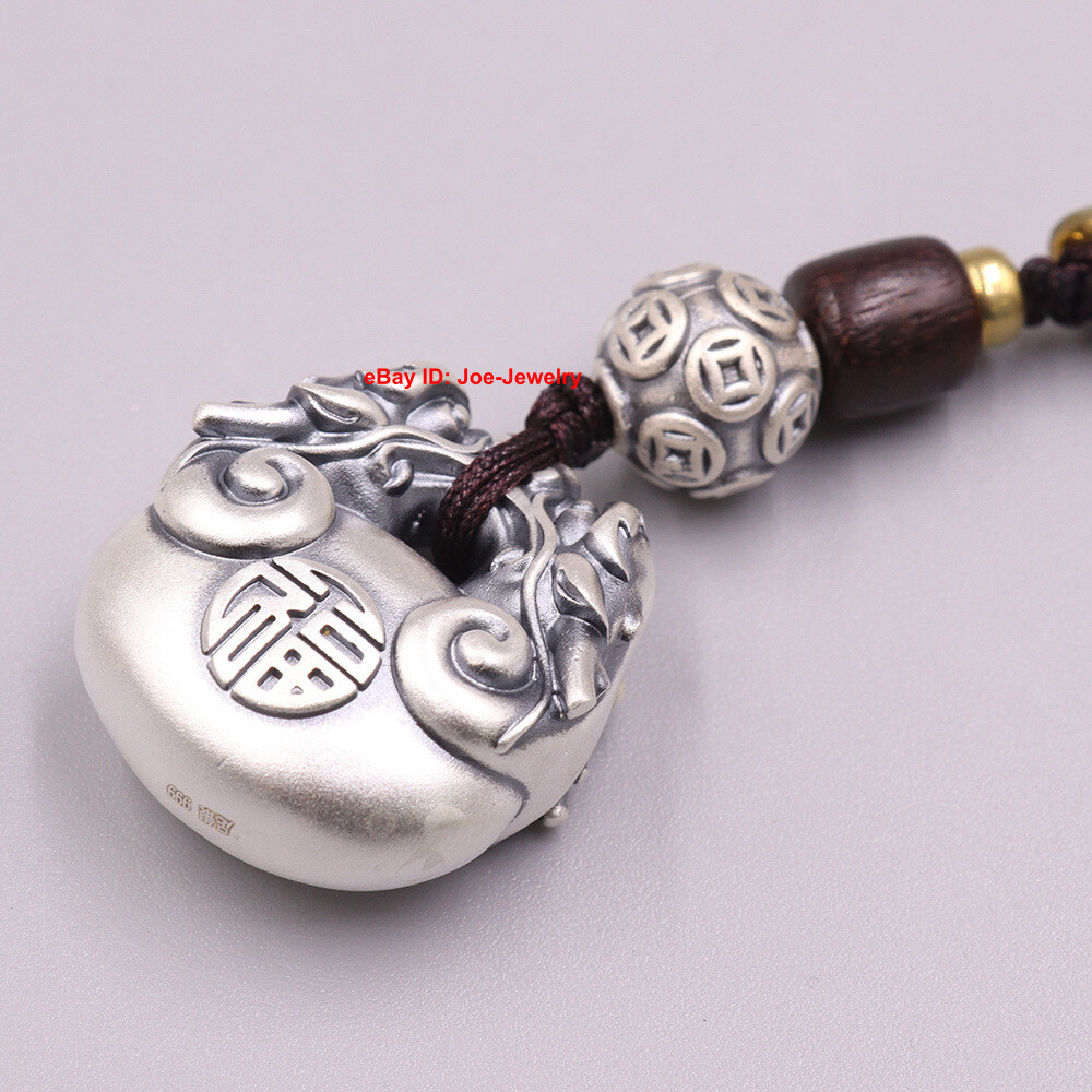 Solid 999 Fine Silver Small Double Dragon Head Lucky Pendant