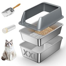 XXL Stainless Steel Sifting Litter Box with Lid,Sifting Cat Litter Box for Wo...