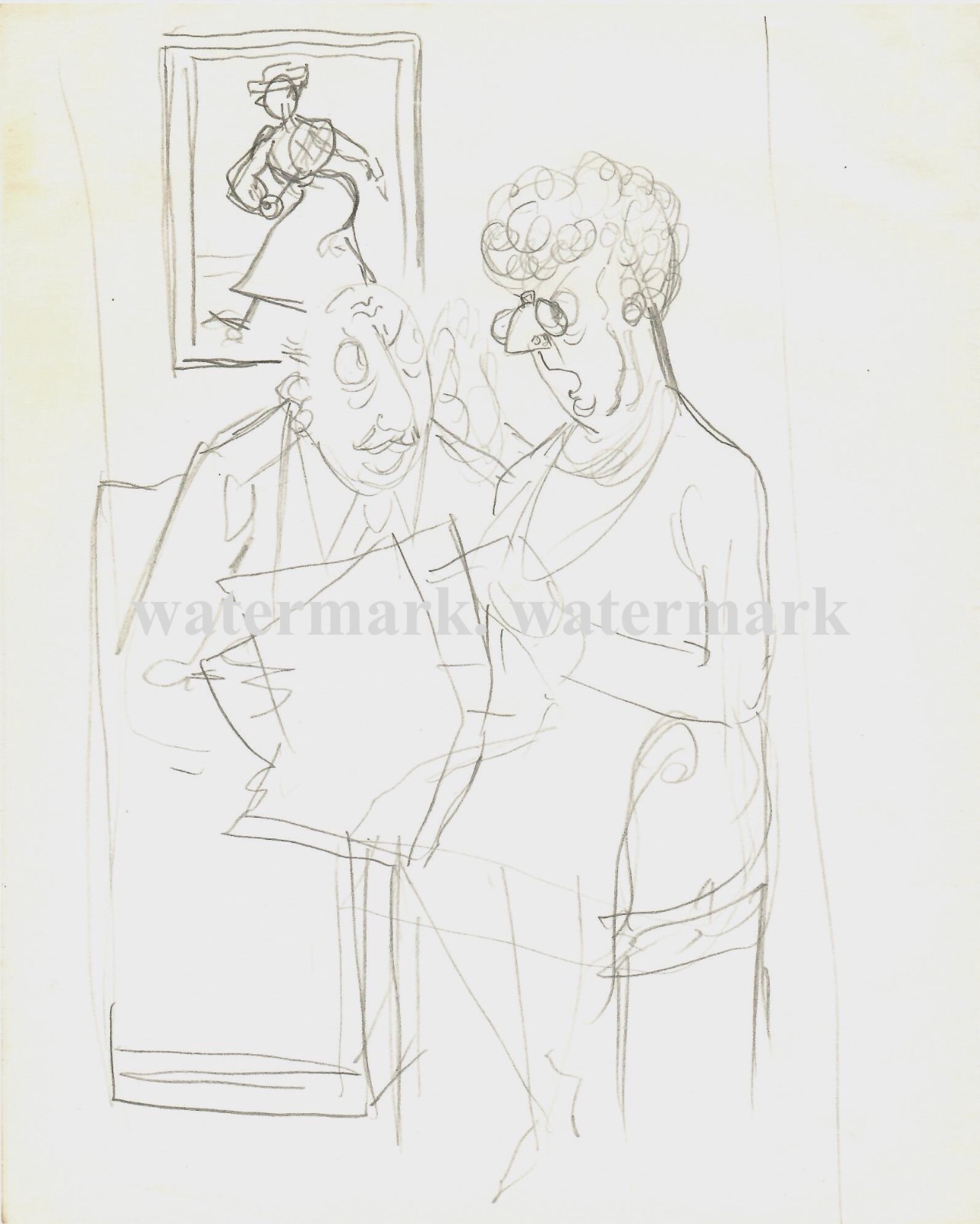 Osbert Lancaster, English cartoonist, Original pencil drawing 1940ca.