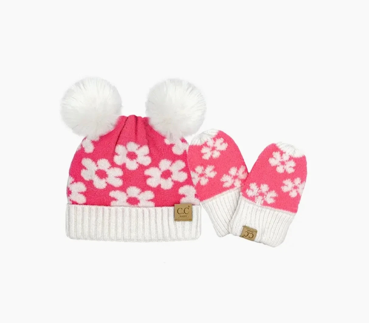 C.C Baby Infant Soft Warm Daisy Pink Knit Pom Pom Beanie and Glove Set, Giftable