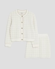 River Island Girls Cardigan & Skirt Set Cream 2 Piece Fluffy Check Button