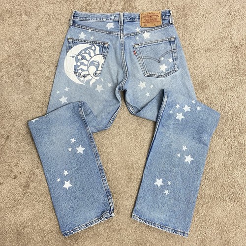 Vintage 90s Levi’s 501 Jeans W29 L30 Custom Sun Moon Stars Hippie Celestial USA