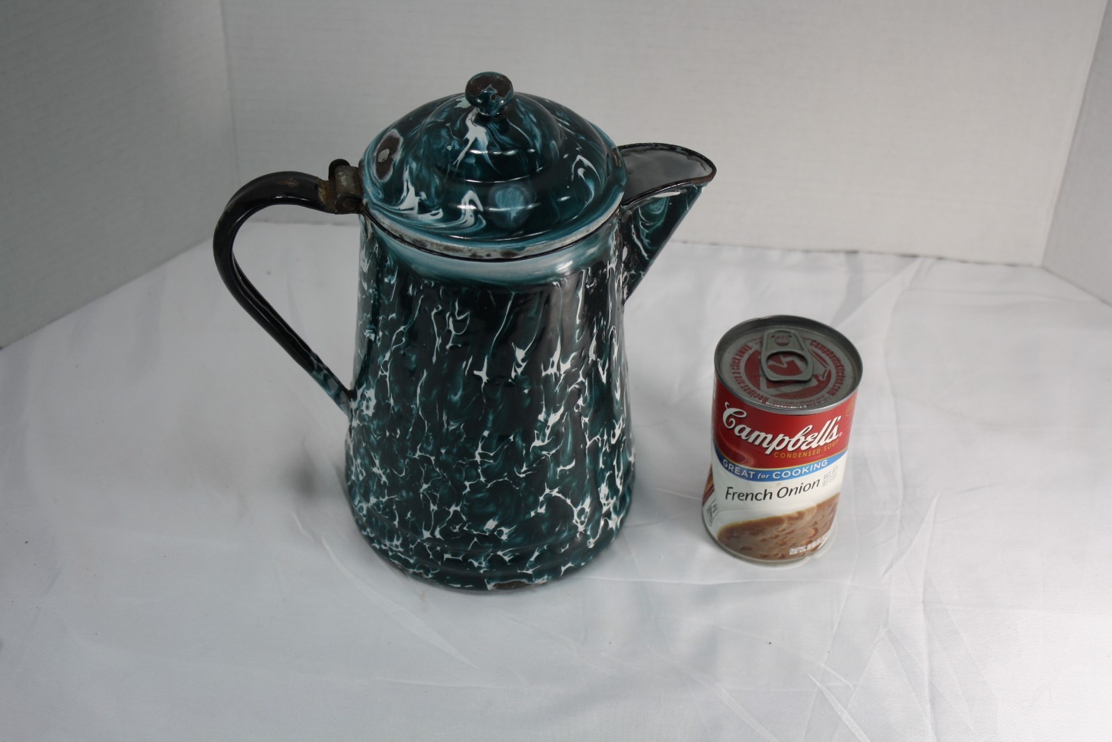 Blue Green WHITE SWIRL COFFEE POT Chrysolite Graniteware Enamelware ANTIQUE