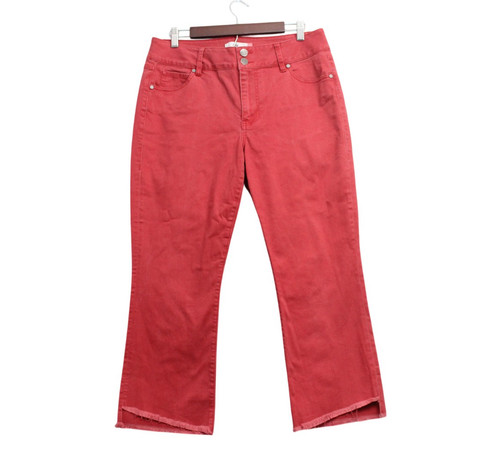 CAbi Jeans Size 12 Red Denim High Low Crop Skinny Flare Stretch Asymmetrical