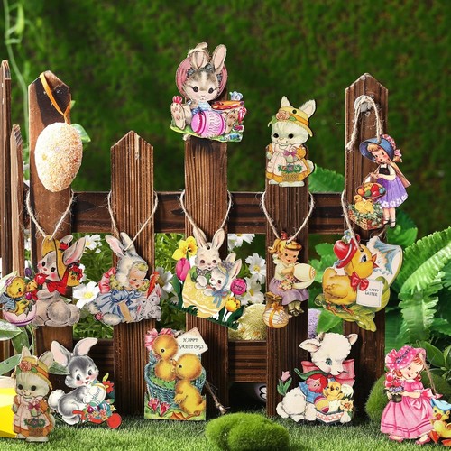 24 Pcs Easter Wooden Hanging Ornaments Vintage Egg Cutouts Decoration... - Picture 2 of 7