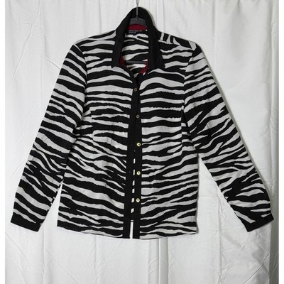 Jones New York Zebra Print Button Up Blouse Black White Gold Buttons 8