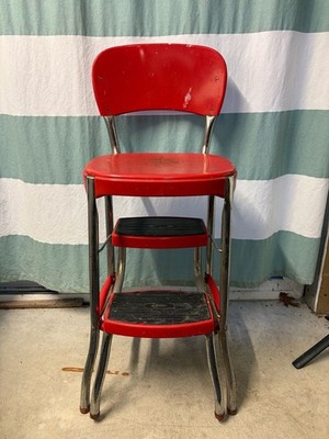 Vintage Cosco vinyl metal two Step Stool Chair pullout MCM RED 50 s