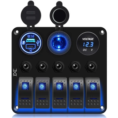 FXC Waterproof Marine Boat Rocker Switch Panel 5 Gang with Dual USB Slot Socket +...