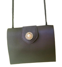 Vtg Black Satin Like Evening Bag Box Clutch Pearl Rhinestones Magnetic Closure