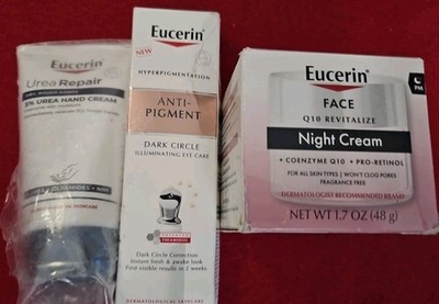Eucerin Night Cream (1/26)  Dark Circle Corrector (3/27) Urea Repair Hand Cream